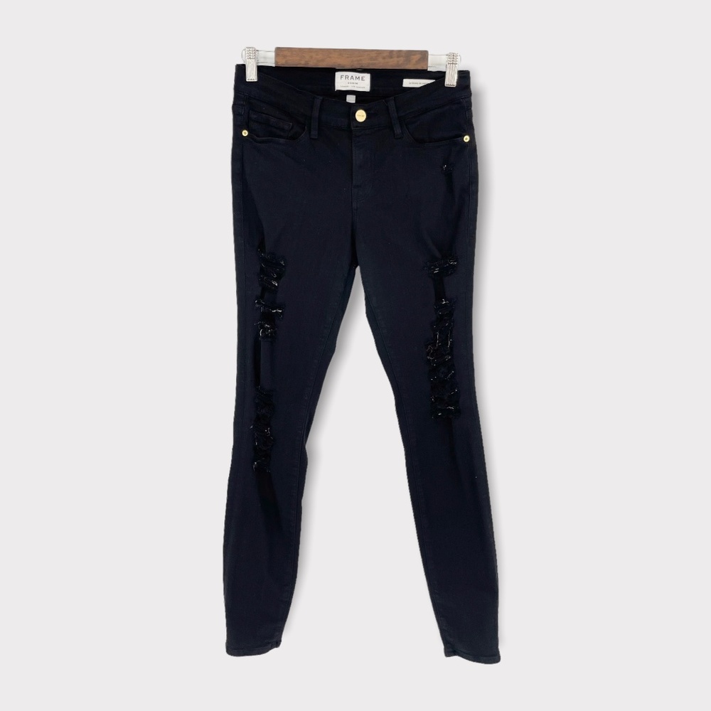 FRAME Le Skinny‎ de Jeanne Black Film Noir Distressed Jeans Size 27